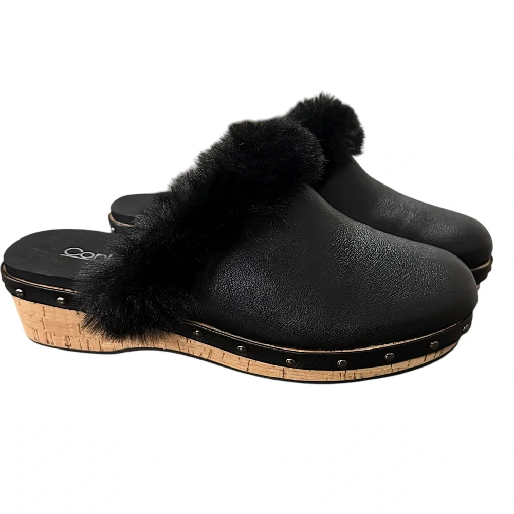 CORKYS Women's Just Fur Fun Black Wedge Slip On Fur Lined Studded Mules 10 New